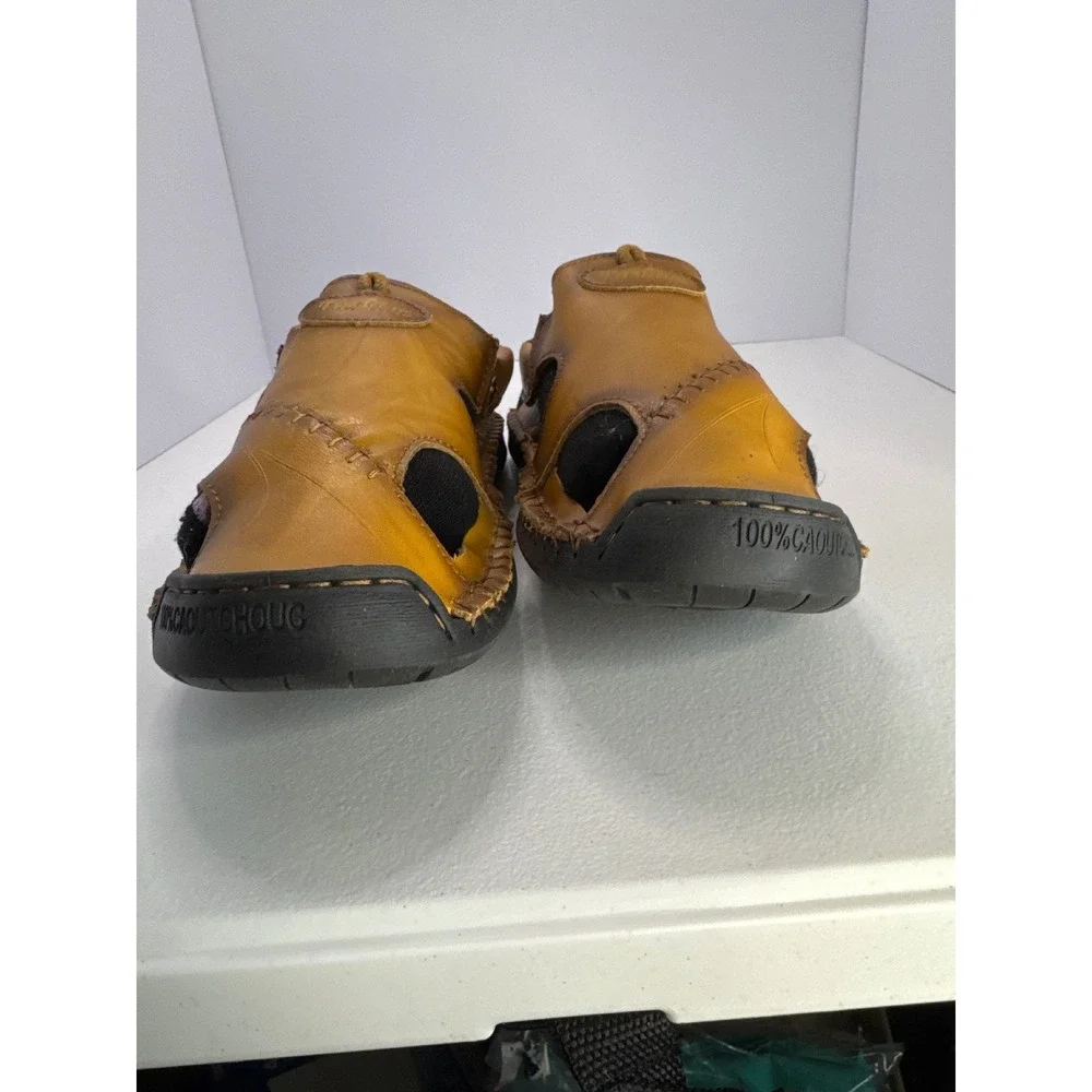 Fashion Mens Tan Leather Fisherman Sandals Closed Toe Stitched Rubber Sole 11.5